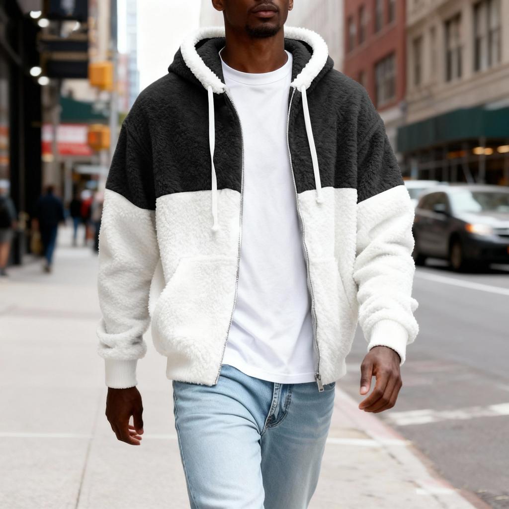 Hanorac cu fermoar pufos pentru bărbați Jachetă de pluș cu fermoar cu glugă pentru