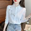 Embroidery Women Spring Summer Blouses Shirts Lady Casual Long Sleeve Turn-down Collar Solid Color Blusas Tops