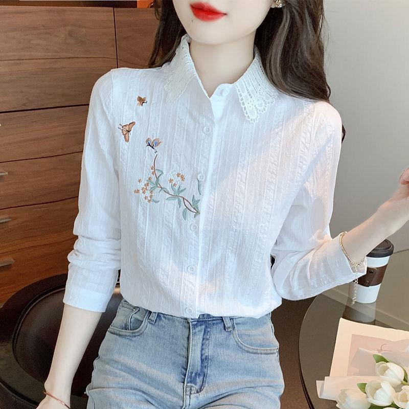 Embroidery Women Spring Summer Blouses Shirts Lady Casual Long Sleeve Turn-down Collar Solid Color Blusas Tops