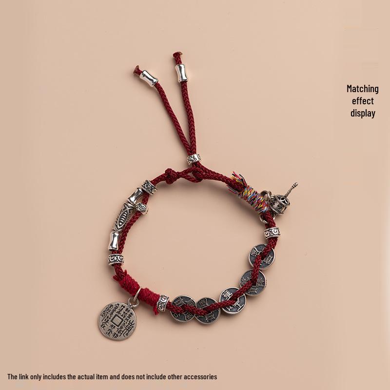 Wenwan Beaded Accessories: Five Emperors Coins Pendant, Unisex Wealth-Attracting Copper Coin Handwoven Bracelet with Spacer Beads.
