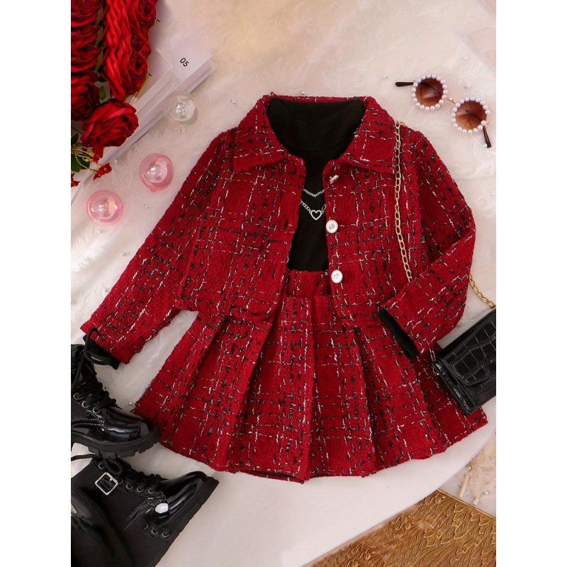 three-piece girls turtleneck black top  red plaid pleated skirt  red plaid short coat casual and comfortable daily wear birthday party family party
