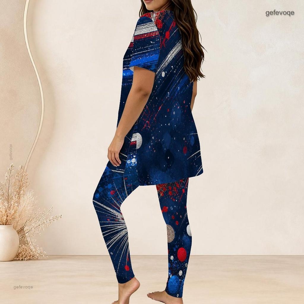 Women Plus Size Red Blue White Printed Two Piece Set Round Neck Short Sleeve Long Top Fitted Long Pants