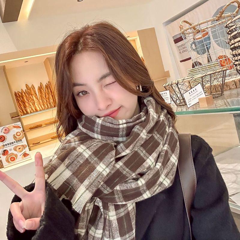 Women's Faux Cashmere Plaid Scarf - Korean Style, Thick & Warm Autumn/Winter Shawl
