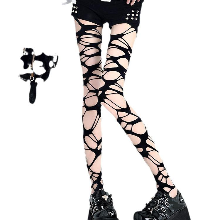 Y2K Gothic Punk Black Fishnet Stockings: Ripped Style Women's Hot Base Pantyhose