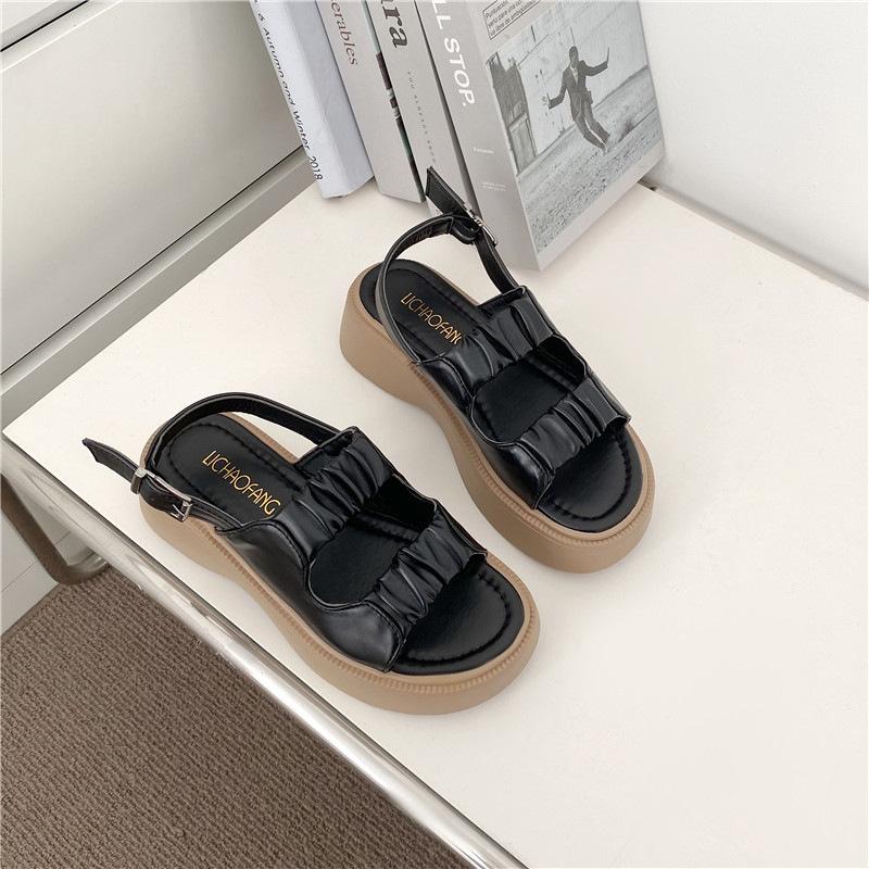 

Женские римские сандалии на толстой подошве 2024 года, летняя новая мода, черные, простые, повседневные, на высоком каблуке, универсальные, износостойкие, одинарные туфли 40 хаки