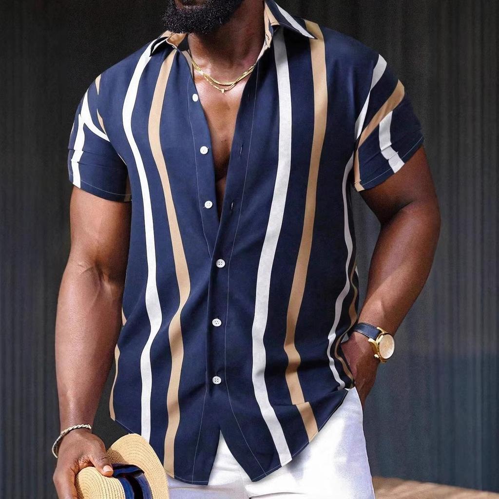 Summer New Men Clothes Short Sleeve Lapel Shirt Tops Fashion Stripe Design Men Tops