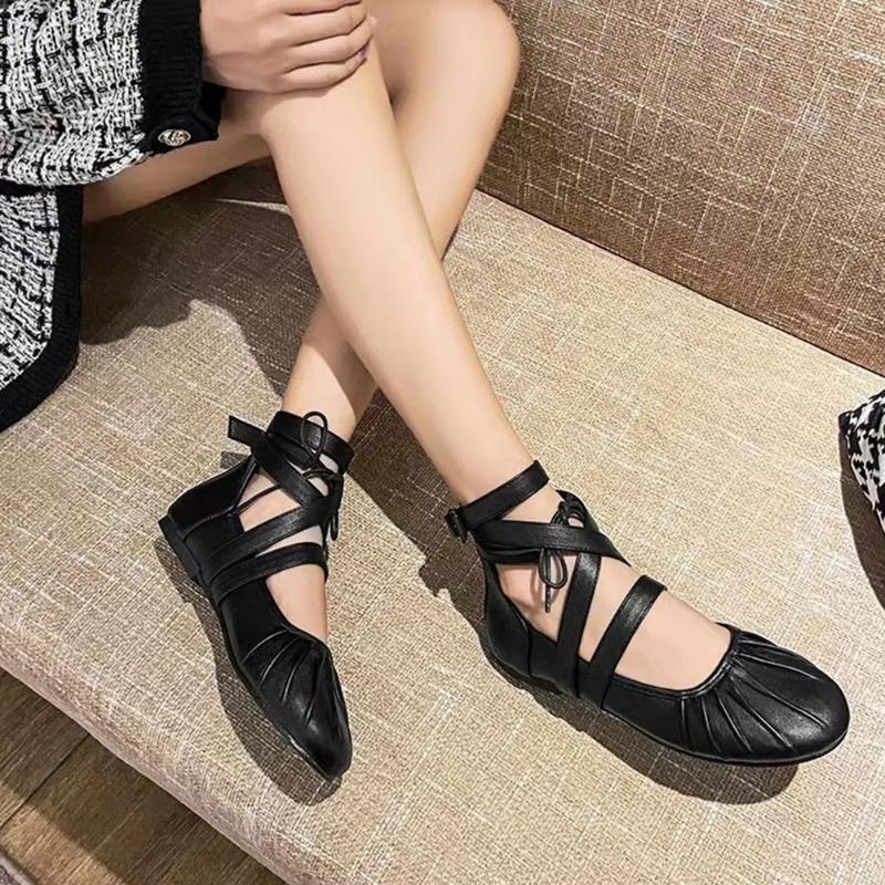 Fashion Round Toe Ankle Strap Women Mary Janes Flats 2025 Spring New Wrinkled Ballet Flats Soft Retro Walking Comfy Women Casual Shoes
