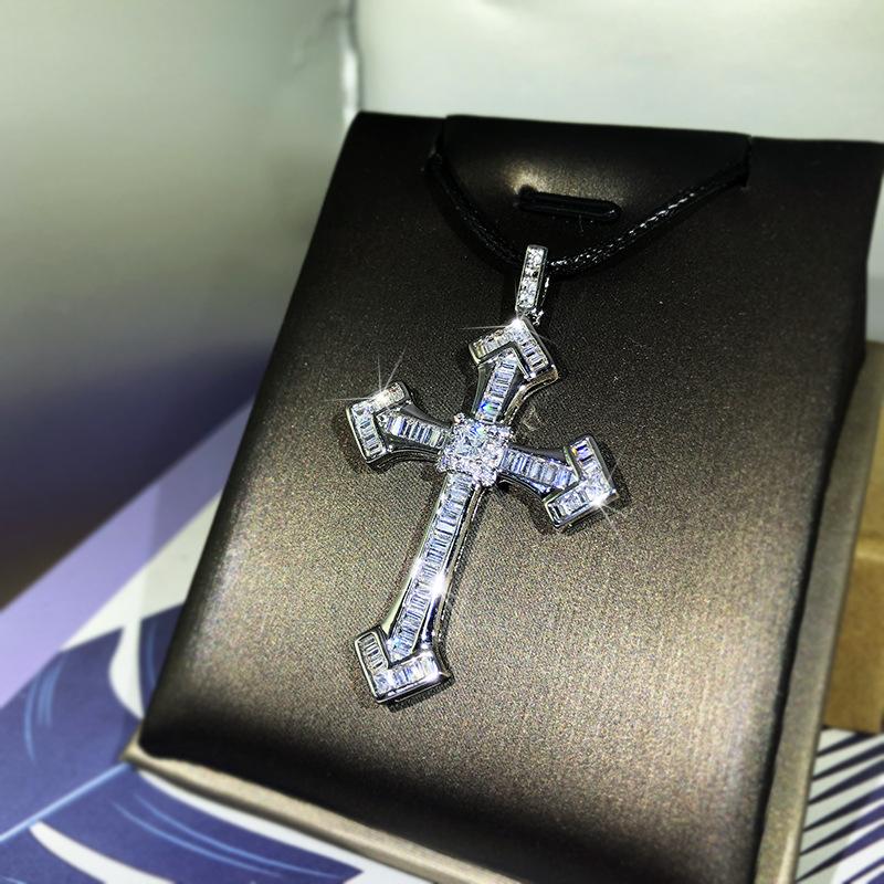 925 Fine White Zircon Men And Women Classic Cross Pendant Micro-Inlaid Zircon Necklace Birthday Party Jewelry