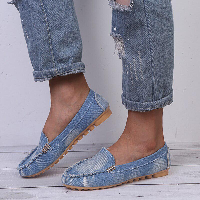 Lässige flache Schuhe Frühling Herbst Flache Damenschuhe Rutscht Weiche runde Zehenpartie Übergröße Denim Flats Jeans Loafers Zapatos Mujer