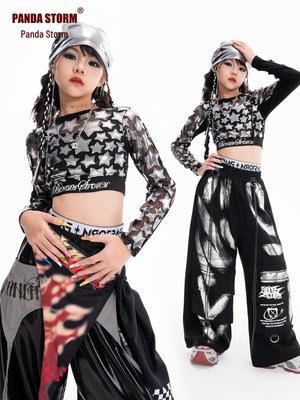 Dziewczęcy Jazzy Crop Top z Długim Rękawem i Spodnie - Dziecięcy Kostium Street Dance