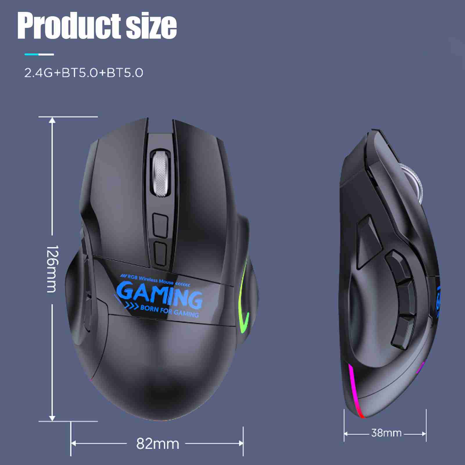 

Беспроводная игровая мышь 9 кнопок Bluetooth двухрежимная с регулируемым DPI перезаряжаемая компьютерная мышь с RGB