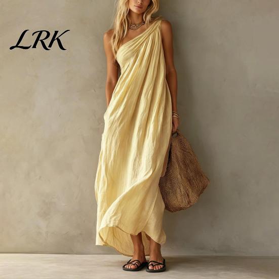 Comfortable Daily Dress Women's Summer One Shoulder Beach Sundress, Pleated A-line Lightweight Women Flowy Long Dress, Casual Loose Travel Vacation
