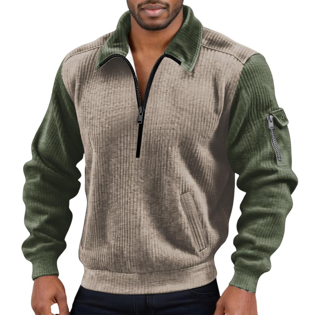 Men's Solid Color Corduroy Zipper Neck Long Sleeve Top Men's Casual Lapel Top