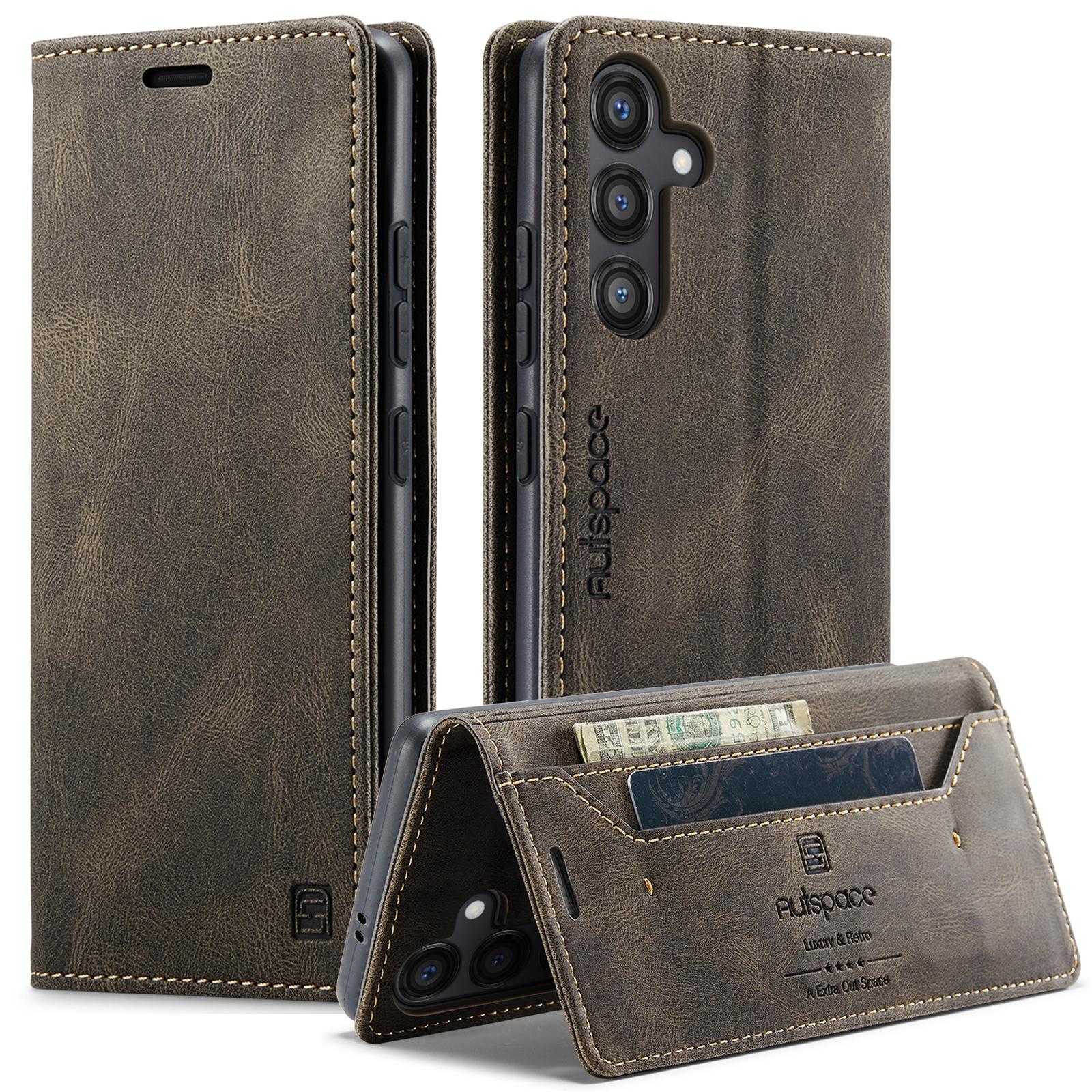 

For Samsung Galaxy S25 Wallet Case AUTSPACE A01 Leather Stand Cover with RFID Blocking Card Holder Coffee