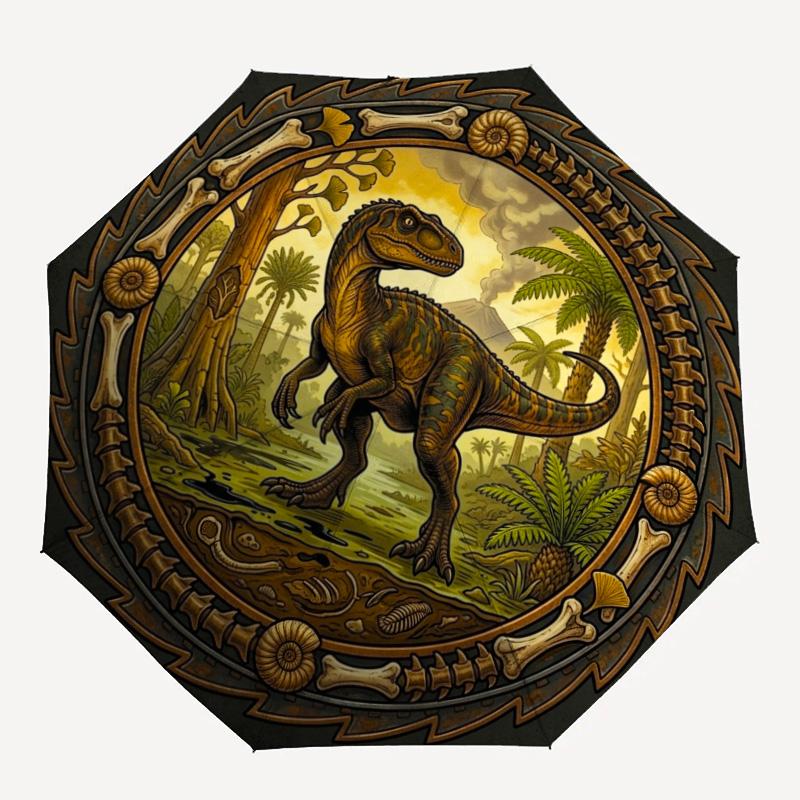 Prehistoric Dinosaur Scene pattern umbrella, portable and foldable design, 8 ribs, a casual accessory for Halloween, Christmas, and birthday gifts.