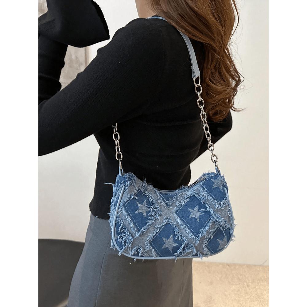 Decorative Buckle Detailing, Stitching, Chain Strap Shoulder Bag, Women's Decorative Buckle Shoulder Bag, Street Fashion Hobo Bag