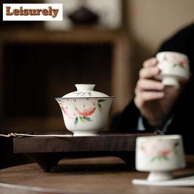120ml Handbemalte Langlebigkeits-Pfirsich Gaiwan Retro Puder Yin Tee Tureen Teezubereitungsdeckelschale Teeservice Fels-Teeset Dekoration