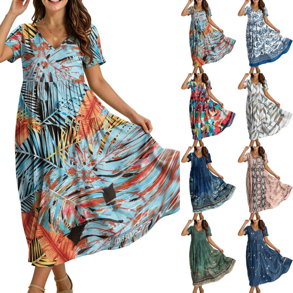 Women Casual Loose Bohemian Floral Dress Short Sleeve Long Maxi Summer Beach Swing Dress