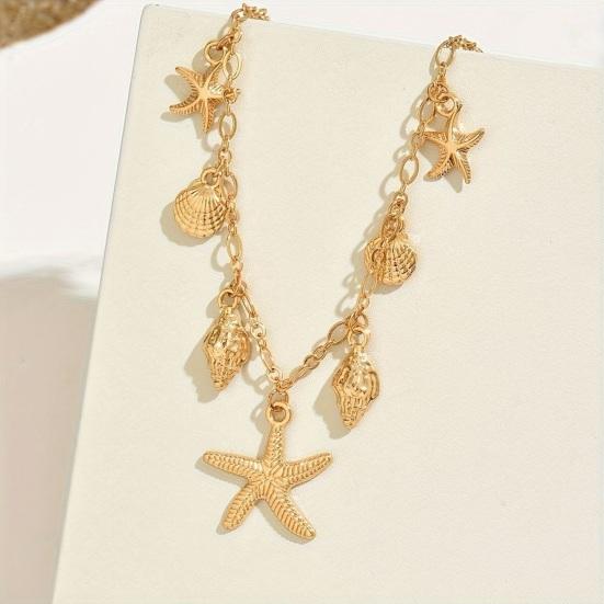 Summer Beach Necklace, Shell Conch Starfish Charms Necklace, Adjustable Coastal Style Necklace for Women Seaside Holiday Jewelry