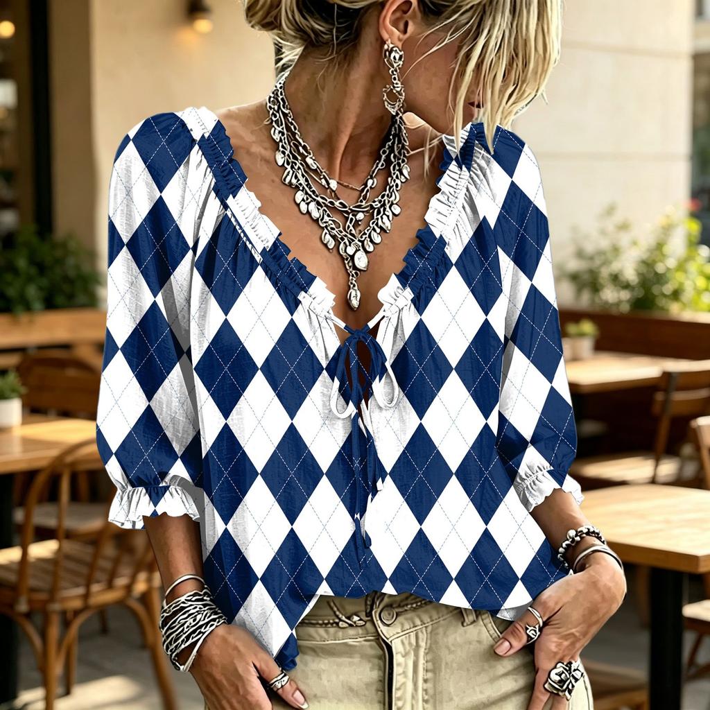 Women's Casual Print Ruffle V-Neck Tie-Front Top for Everyday Wear