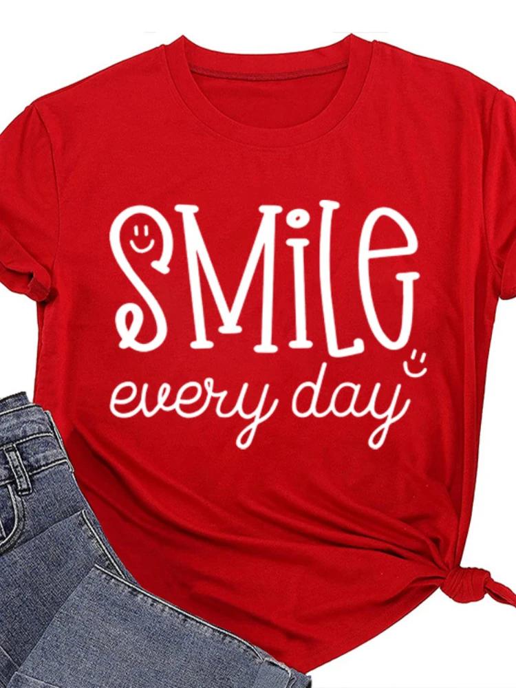 Smile Every Day Print Women T Shirt Short Sleeve O Neck Loose Women Tshirt Ladies Tee Shirt Tops Camisetas Mujer