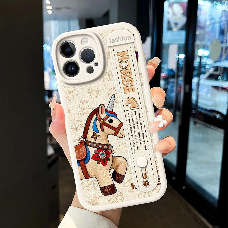 New Year Pony Style Phone Case For iPhone 17 16 Pro 15 14 13 12 11 Pro Max Casing Horse Pattern Shockproof Case Wristband Cover
