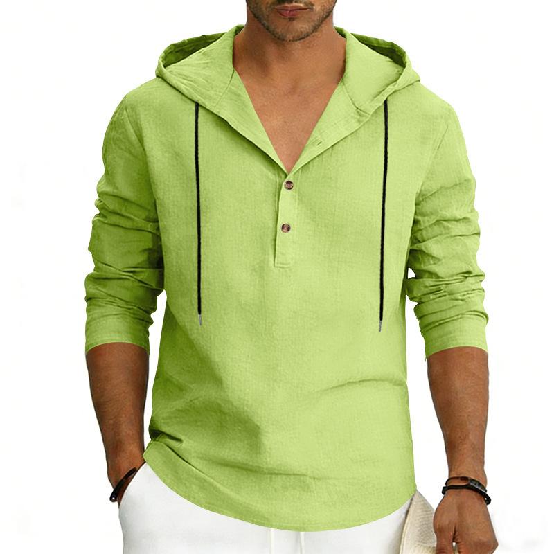 Men’s Casual Linen Hooded Top, Long-sleeved Half-Button-Up Henley Shirt, Spring/Autumn Breathable Beach Top