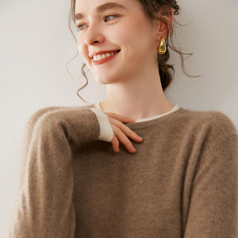 Korean Style Cashmere Color-Block Double-Layer Knit Sweater: Women's Autumn/Winter Loose Round Neck Pullover.