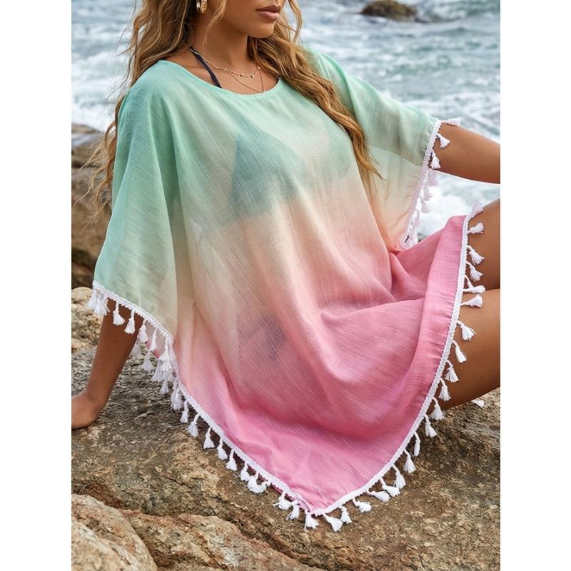 Casual Loose Gradient Printed Tassel Splicing Women Beach Cover Up T Shirt