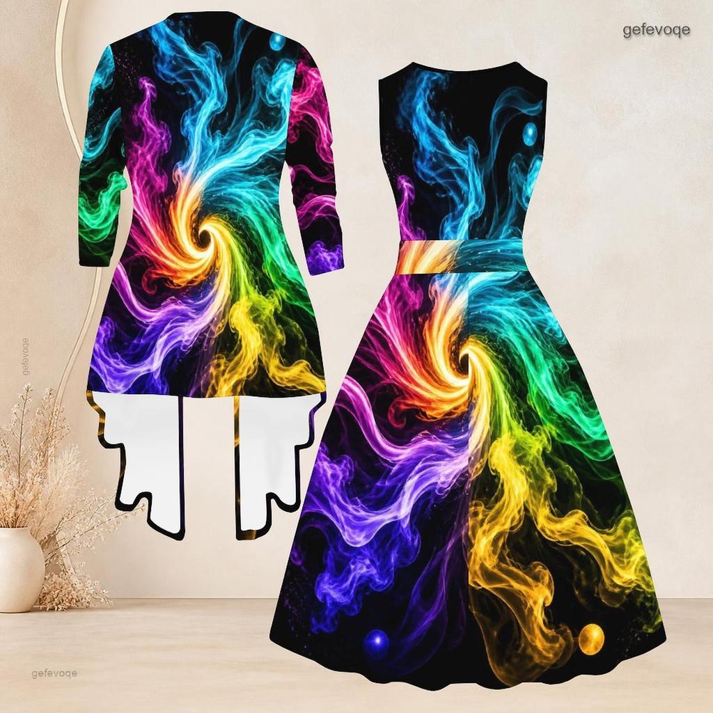 Women Plus Size Two Piece Set Sleeveless Round Neck Tie Waist Printed Flared Dress 3 4 Sleeve Open Front Cardigan