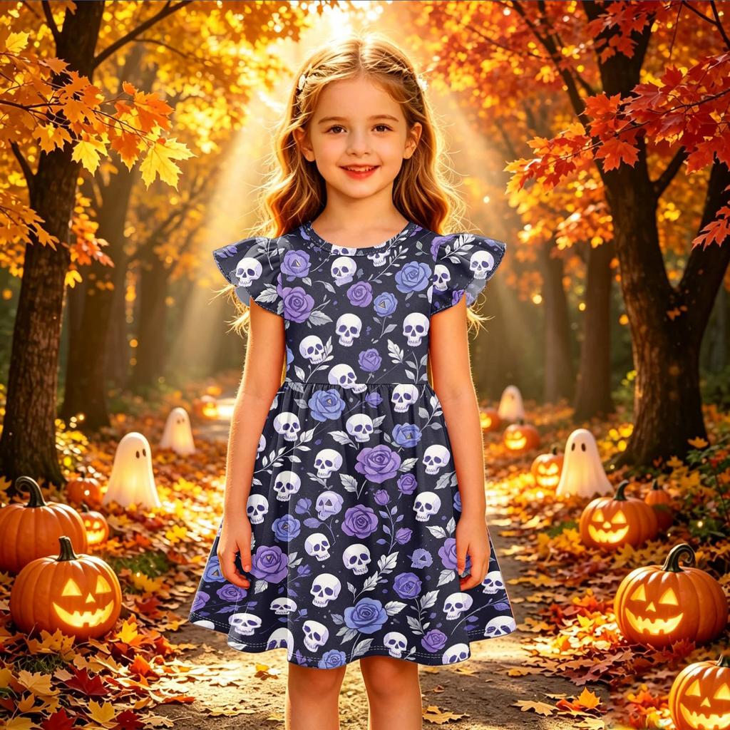 Girls Halloween Print Dress Casual Sleeve Party Dress for Children Holiday Outfit