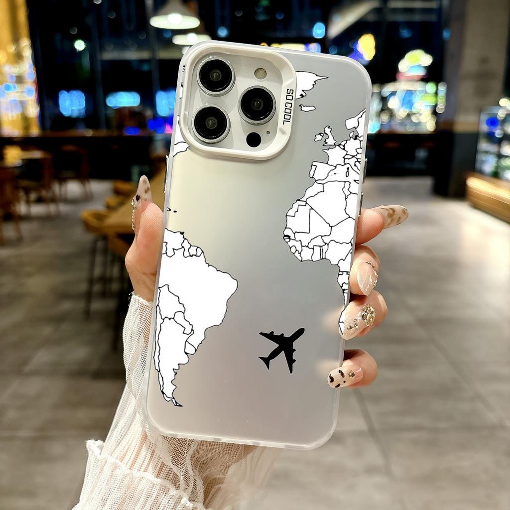 Color Phone Case For iPhone 17 16E 16 11 15 14 Pro MAX 12 13 MINI 7 8 Plus XR SE Silver IMD Cover Cartoon World map scenery