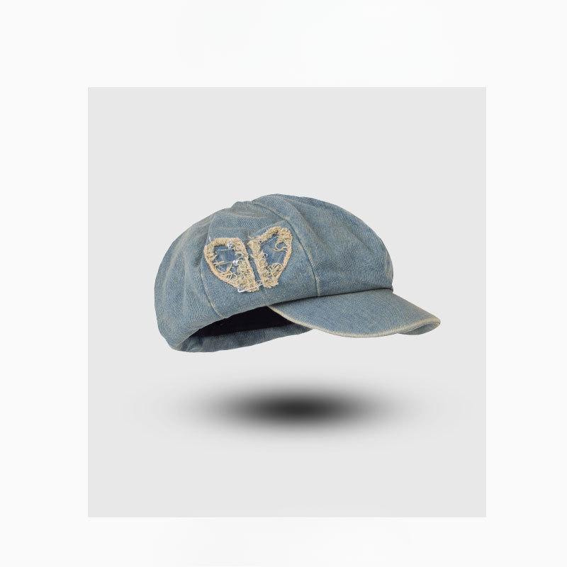 Niche Design Retro Old Edged Love Denim Beret Women's Face Showing Little Painter Octagonal Hat Newspaper Boy Hat