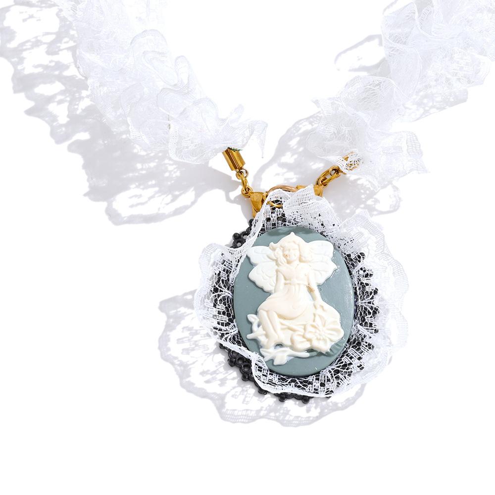 Yhpup 2025 New Arrival White Black Lace Trendy Resin Oval Angel Pendant Necklace Exclusive Design Fashion Jewelry Recommend