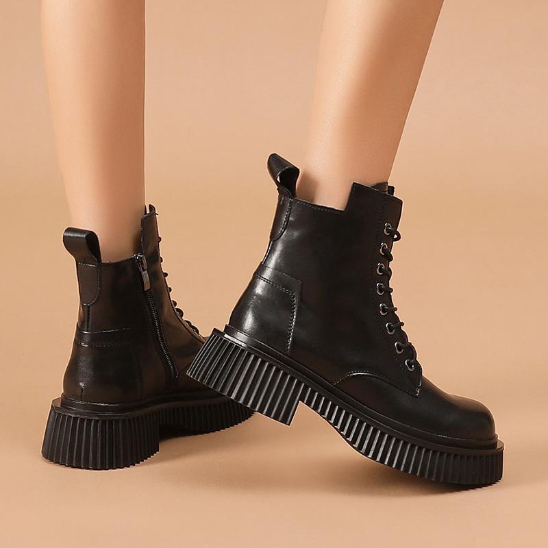 Новые зимние женские кожаные короткие ботинки на шнуровке с круглым носком и средней — фото 4
