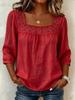 Summer Cotton Linen New Womens Top Solid Color Square Neck Lace Patchwork Threequarter Sleeves