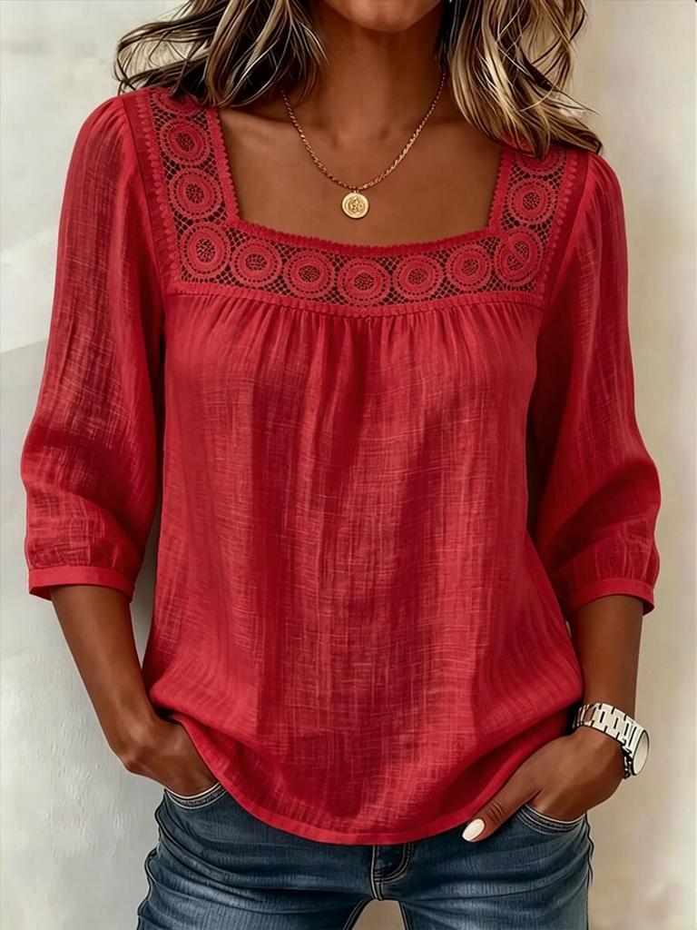 Summer Cotton Linen New Womens Top Solid Color Square Neck Lace Patchwork Threequarter Sleeves