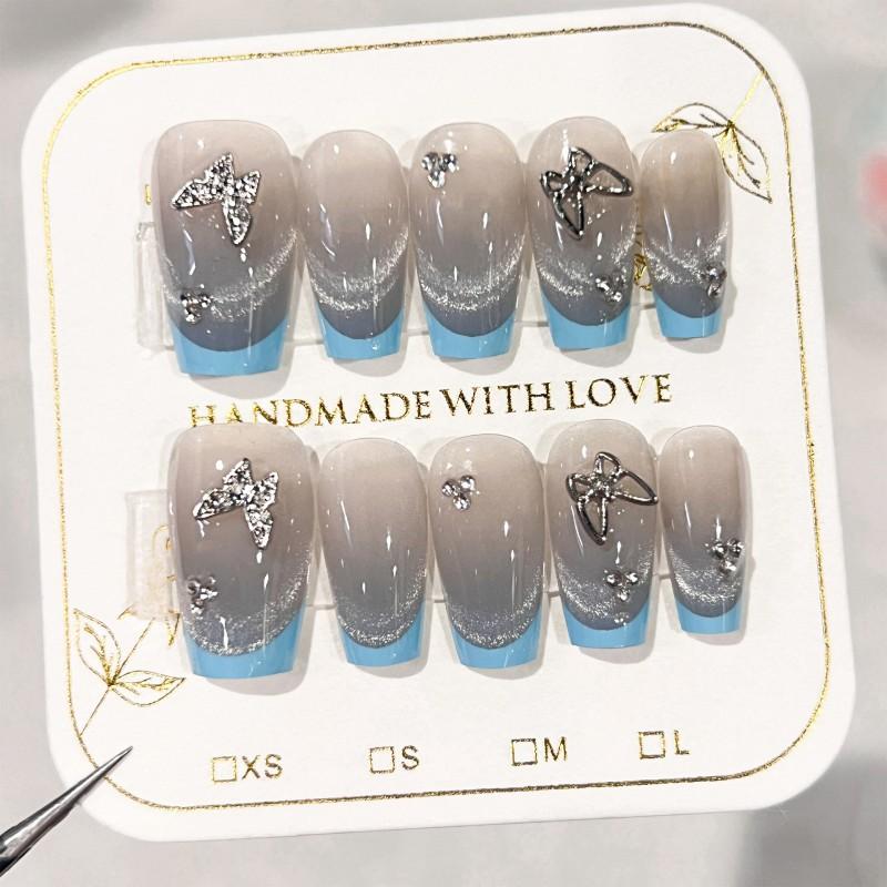 Metal Dot Diamond Butterfly Wearing Nail French Blue Border Cat Eye Square Art Fake Sparkling Plate XS