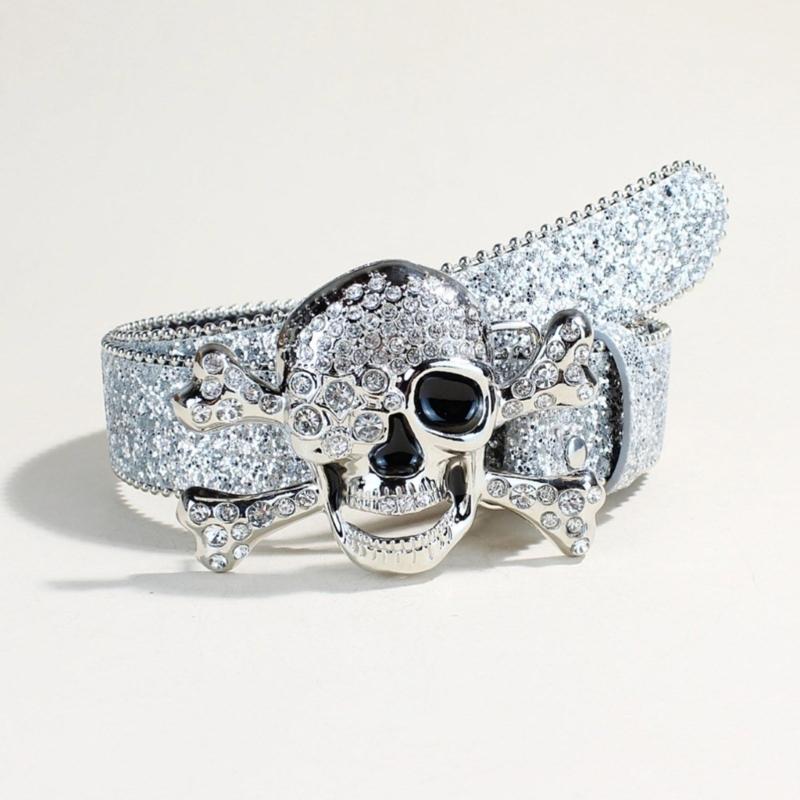 Fashionable Rhinestones Studded Belt Skull Pattern Waist Belt Durability Belt for Enhancing Dresses and Casual Looks