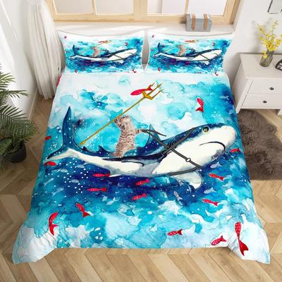 Katze Bettbezug Set Aquarell Wal Fischen Bettwäsche Set Ozean Meereswelle Bettdeckenbezug Marine Nautisch Themen Tagesdecke Bezug