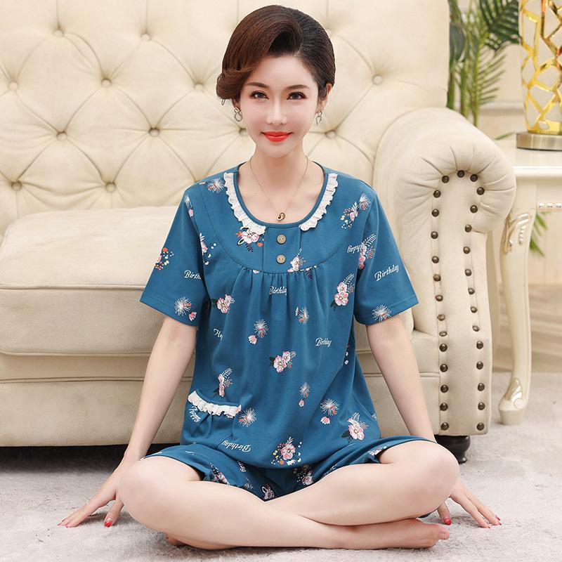 Women's Summer Clothing Sets Middle-aged and Elderly Loose Short-sleeved Blouse + Seven-piece Pants Home Two-piece Set