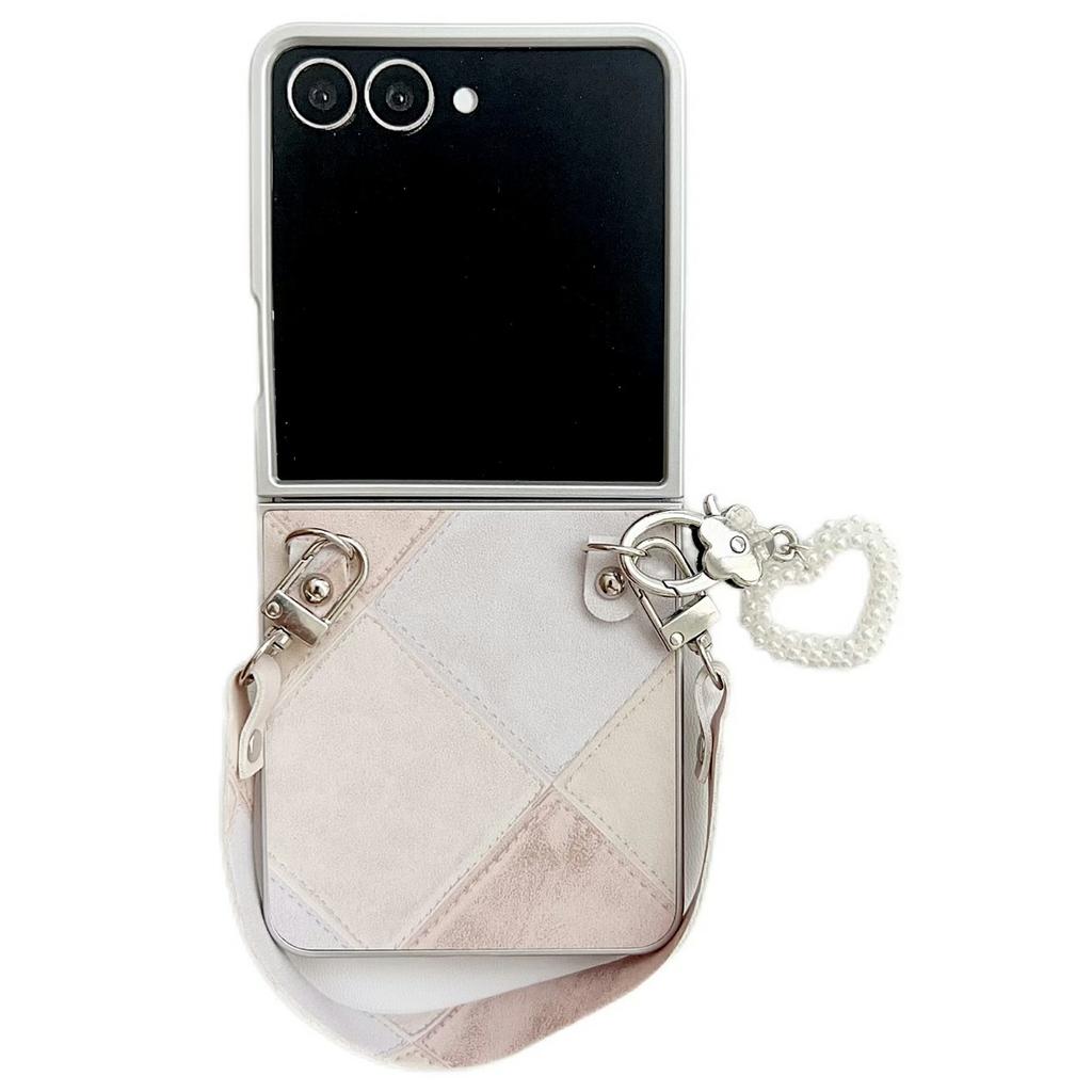 For Samsung Galaxy Z Flip7 5G Case Retro Rhombus PU+PC Phone Cover with Love Pendant and Strap