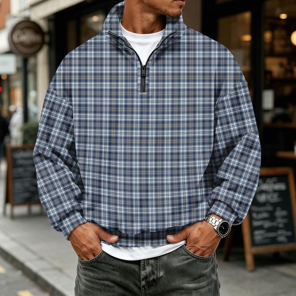 Men's Casual Flannel Quarter-Zip Long Sleeve Sweatshirt Plaid Print