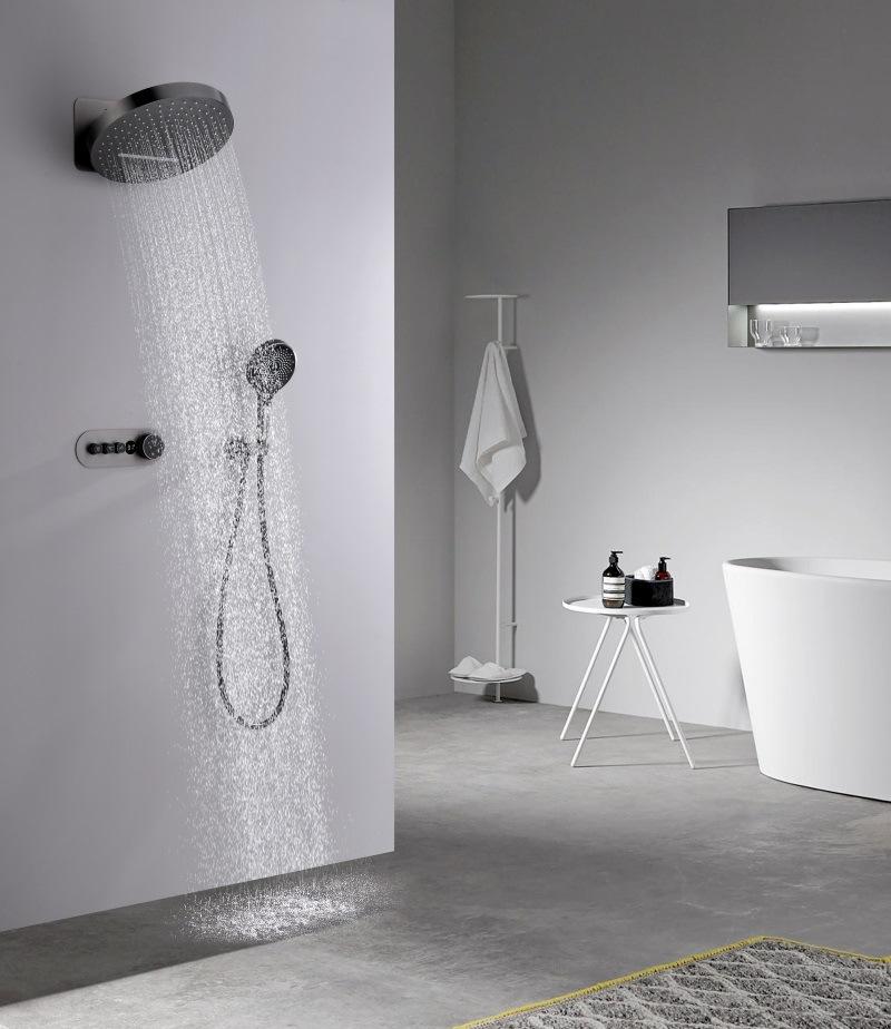 Bathroom Shower Faucet Set Brass Wall Mounted Thermostatic Rainfall style Shower Brush Gold /Gray Finished Three Functions