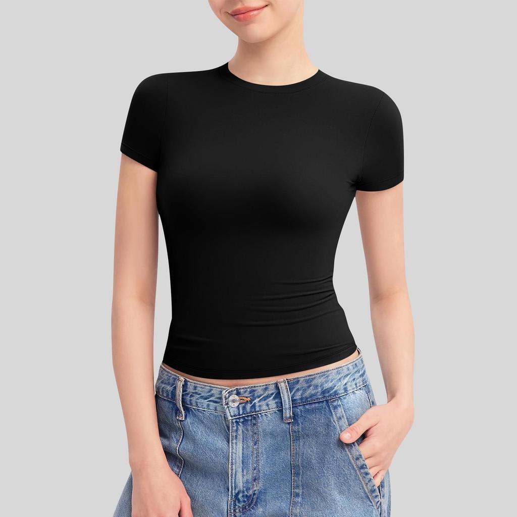 Women's Round Neck Short Sleeve Tops Double Lined Slim Fit T Shirts Basic Tee Cloud