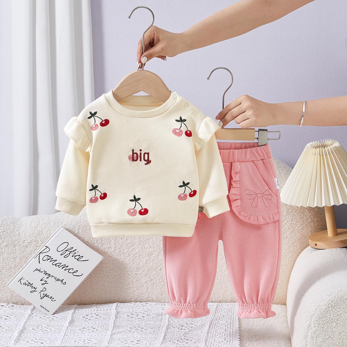 

Осенний комплект из двух предметов для девочки с вишней, 2025: Топ с длинным рукавом и брюки 80 cm розовый