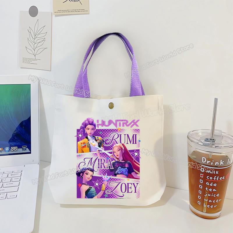 Perfect KPop Demon Hunters Women Canvas Handbag Rumi Mira Zoey Girl Tote Bags Portable Female Phone Pouch Cute Cartoon Shopping Bag