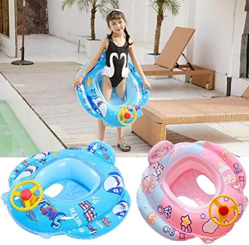 Bagima Baby Pool Float with Safety Seat & Steering Wheel Cartoon Inflatable Swim Ring Swimming Training Aid for Kids Ages 1-6 Years