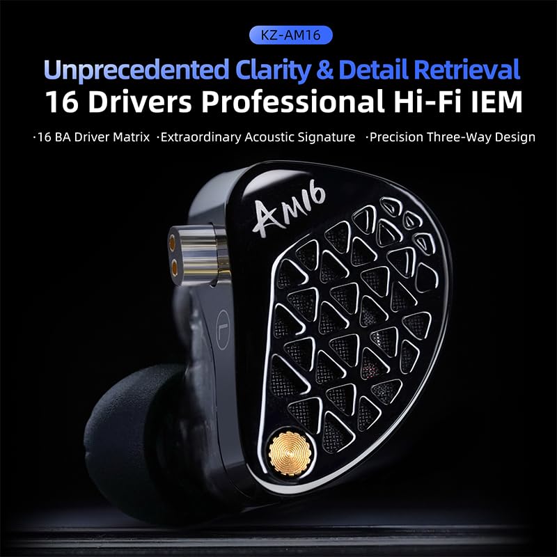 KZ AM16 Wired In-Ear Monitors for Gaming, 16BA Drivers, Improved Sound Quality, Precision Dividing Technology, Metallic CNC Machining, Powerful Bass,