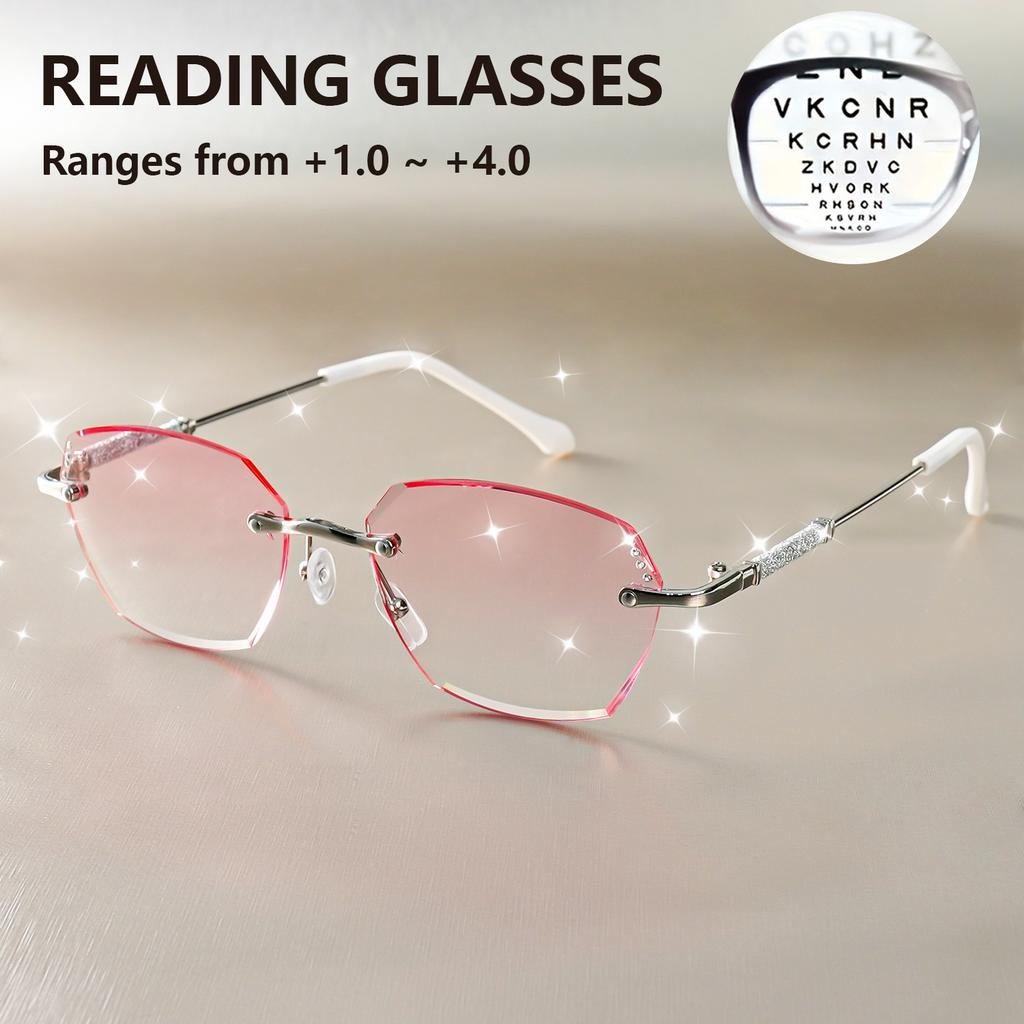 Elegantes Óculos de Leitura Sem Aro com Strass Brilhantes - Gradiente Rosa, Ajuste Confortável +1.0 A +4.0 Ampliação